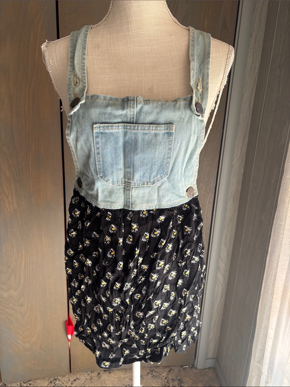 Denim Co Overall Mini Dress Denim Floral Rayon 90s Style